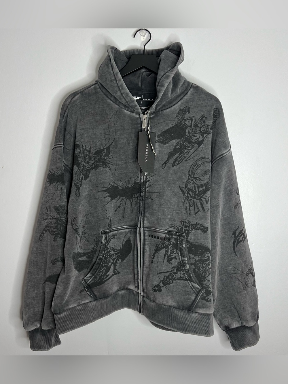 YoungLA x Batman Story Board Oversized Zip Up Hoodie 5211 Mens Large Grey NWT - Picture 1 of 8
